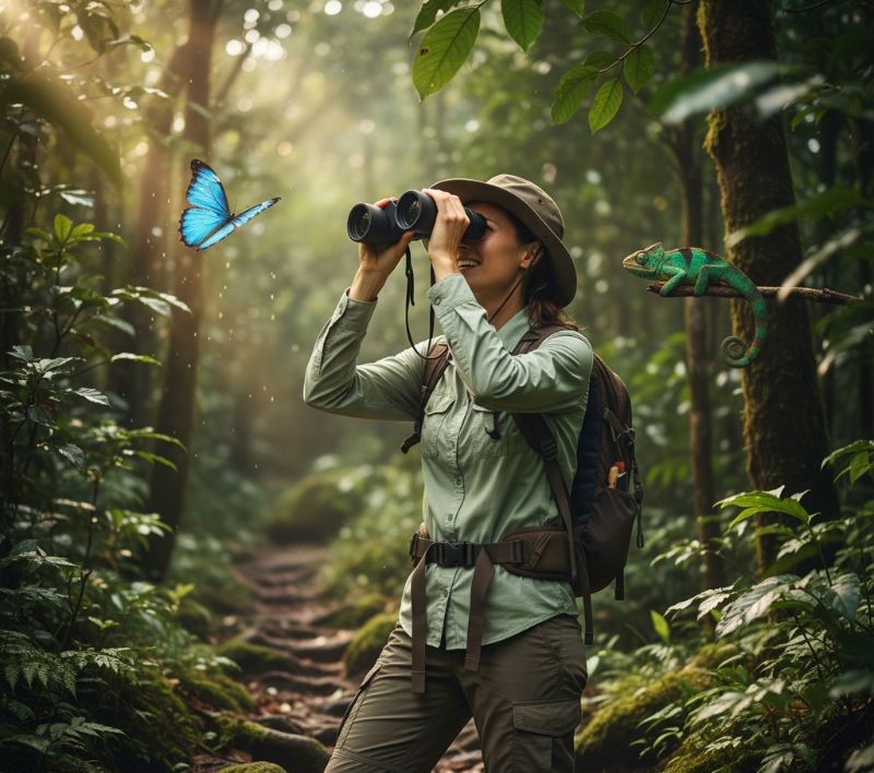 Candid shot of a hiker using binoculars to spot wildlife in Sri Lanka’s Sinharaja Rainforest.