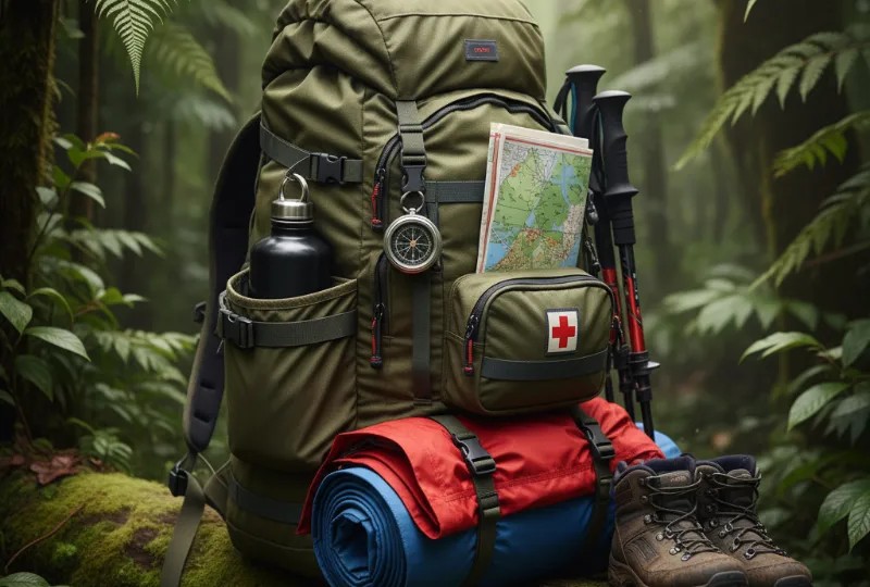 lose-up of a traveler’s backpack with trekking essentials for hiking in Sri Lanka’s Sinharaja Rainforest.