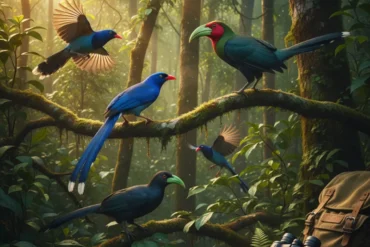 Endemic birds of Sinharaja Forest Reserve, Sri Lanka, perched on branches in lush tropical rainforest