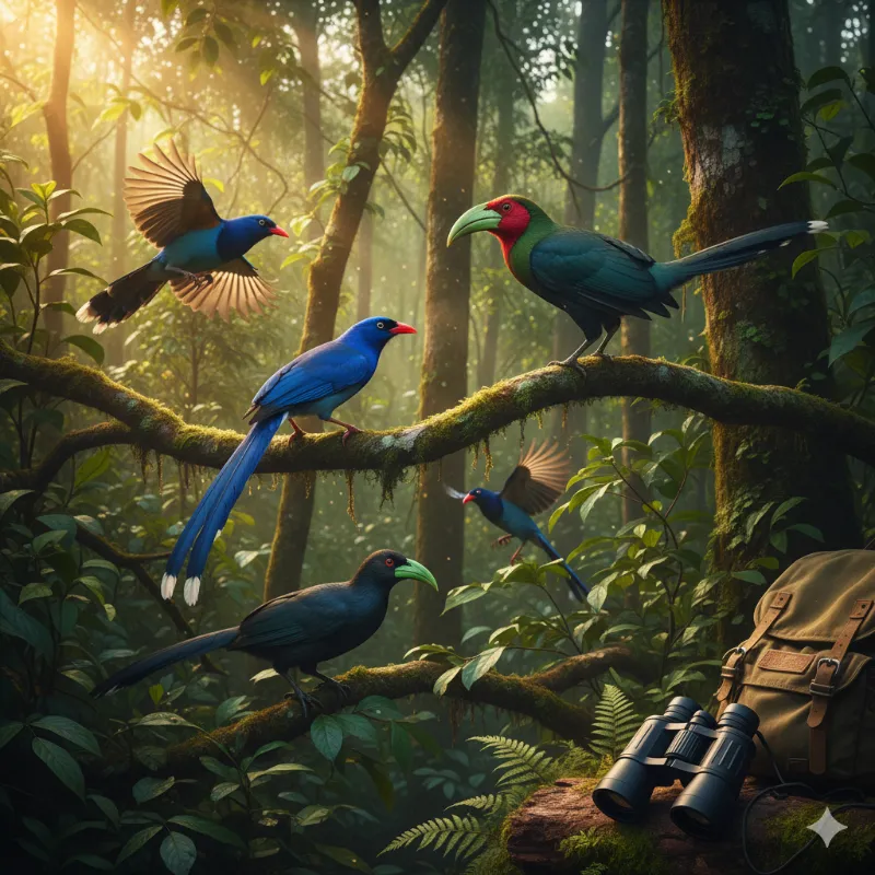 Endemic birds of Sinharaja Forest Reserve, Sri Lanka, perched on branches in lush tropical rainforest