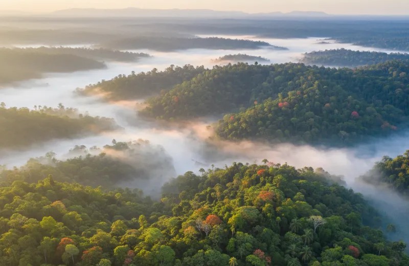 Wide aerial view of Sinharaja Rainforest canopy covered in morning mist, showcasing lush green tropical jungle in Sri Lanka.