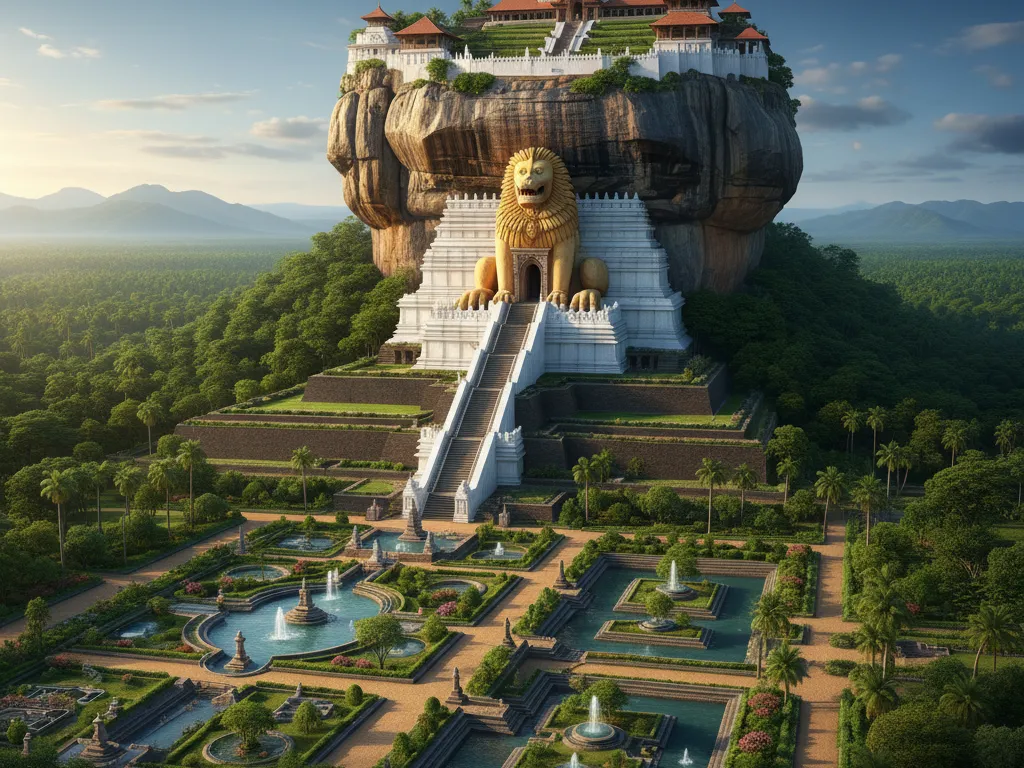 Historic illustration of Sigiriya Rock Fortress showing palace and gardens from the 5th century.