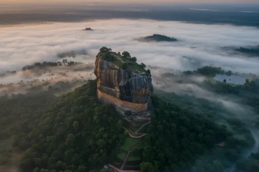 Aerial view of Sigiriya Rock Fortress at sunrise surrounded by lush green forests in Sri Lanka.