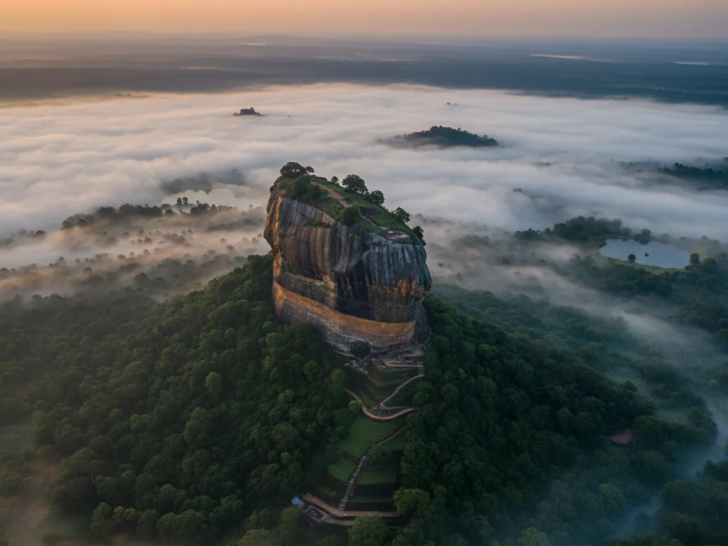 Aerial view of Sigiriya Rock Fortress at sunrise surrounded by lush green forests in Sri Lanka.