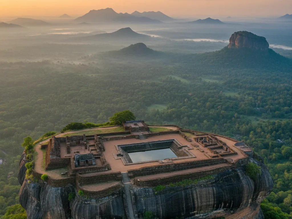 Panoramic view of palace ruins at the summit of Sigiriya Rock Fortress overlooking Sri Lankan jungle.