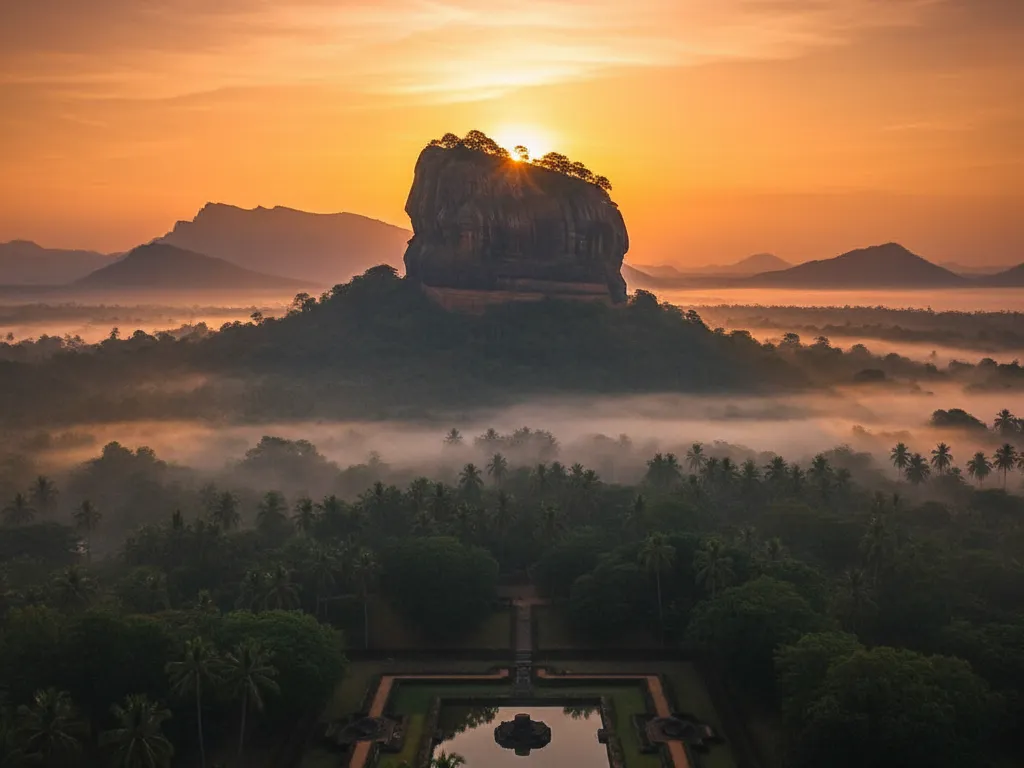 Sunrise or sunset behind Sigiriya Rock Fortress.