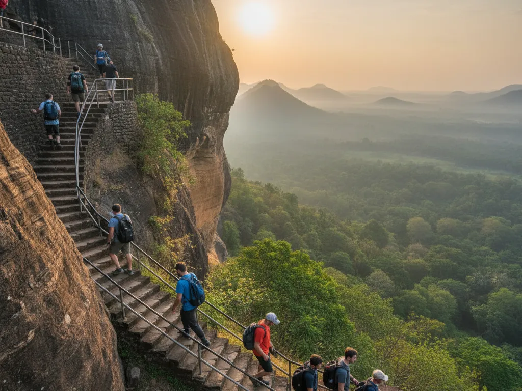 Travelers climbing the stairs to Sigiriya with scenic backdrop.